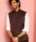 chocolate brown nehru jacket | jacquard floral design in imported suiting fabric