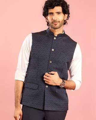 navy blue nehru jacket | jacquard floral pattern in imported suiting fabric 3