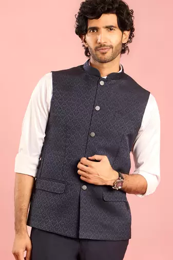 navy blue nehru jacket | jacquard floral pattern in imported suiting fabric