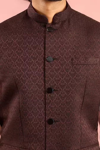 chocolate brown nehru jacket | jacquard floral design in imported suiting fabric