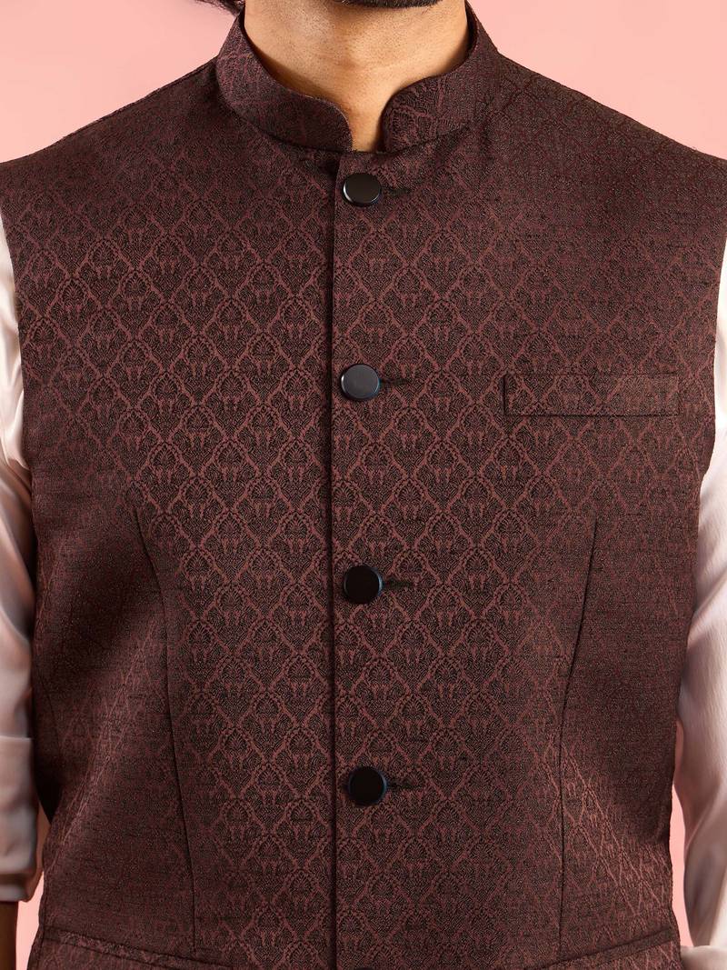 chocolate brown nehru jacket | jacquard floral design in imported suiting fabric