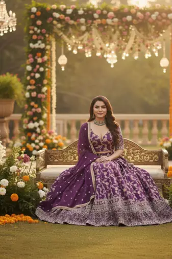 purple jacquard sequin thread work lehenga choli set