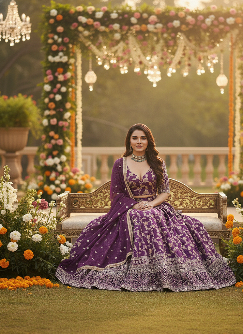 purple jacquard sequin thread work lehenga choli set