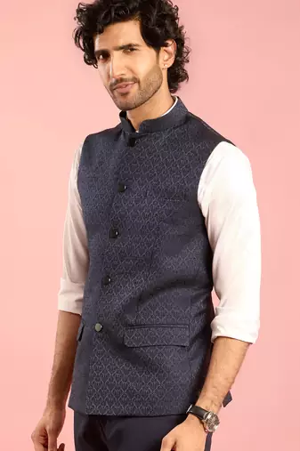 navy blue nehru jacket | jacquard floral pattern in imported suiting fabric