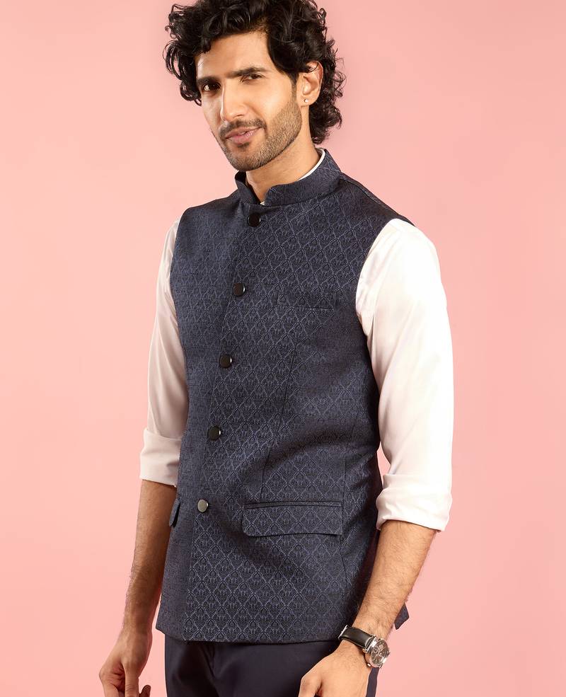 navy blue nehru jacket | jacquard floral pattern in imported suiting fabric