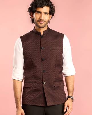 chocolate brown nehru jacket | jacquard floral design in imported suiting fabric 3