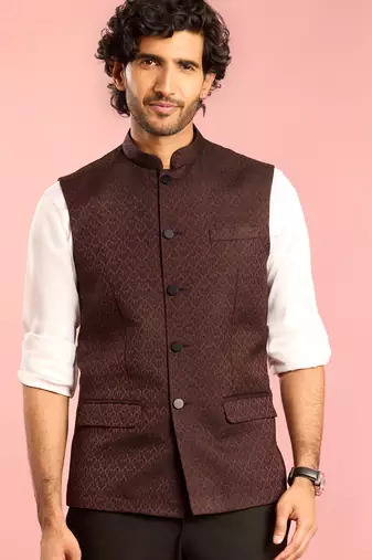 chocolate brown nehru jacket | jacquard floral design in imported suiting fabric