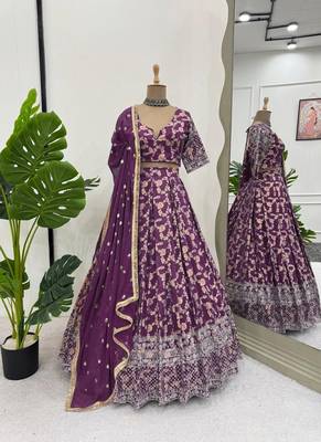 purple jacquard sequin thread work lehenga choli set 3