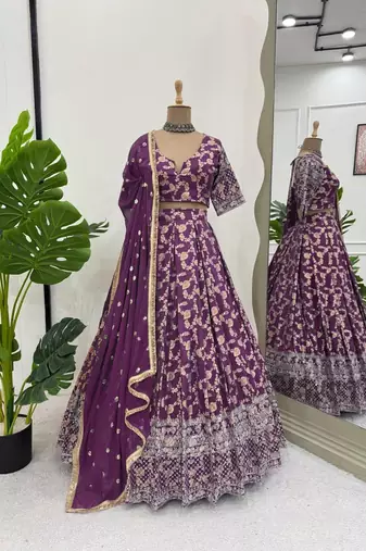 purple jacquard sequin thread work lehenga choli set