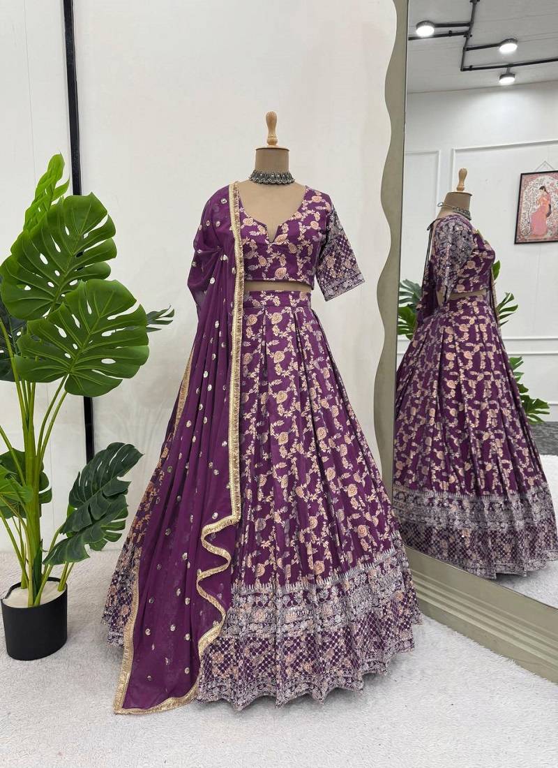 purple jacquard sequin thread work lehenga choli set