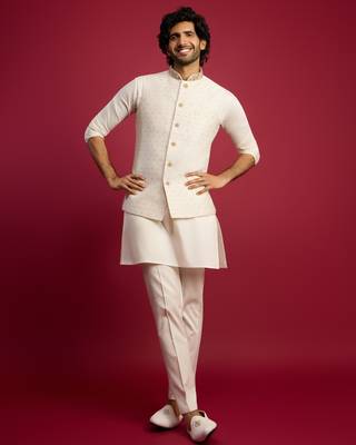 white zardozi embroidered nehru jacket with cream kurta pyjama set | wedding ethnic wear 1