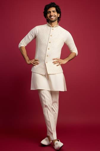 white zardozi embroidered nehru jacket with cream kurta pyjama set | wedding ethnic wear