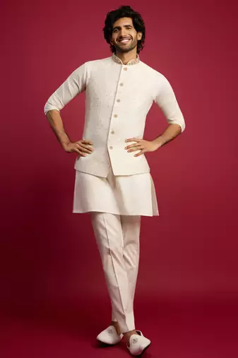 white zardozi embroidered nehru jacket with cream kurta pyjama set | wedding ethnic wear