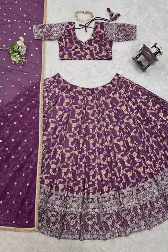 purple jacquard sequin thread work lehenga choli set