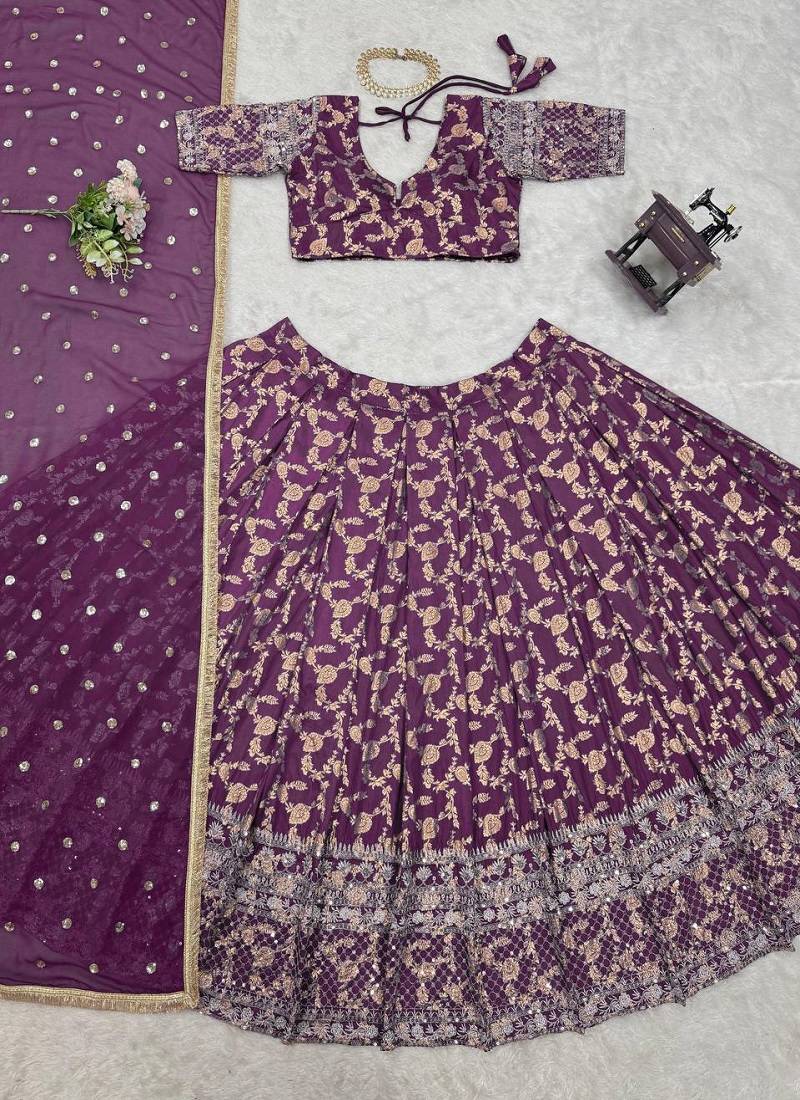 purple jacquard sequin thread work lehenga choli set