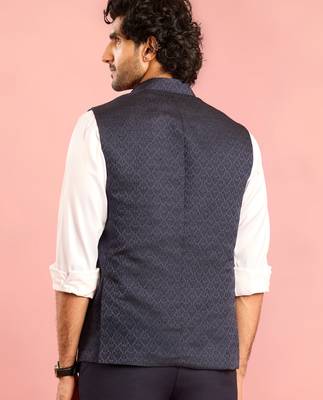 navy blue nehru jacket | jacquard floral pattern in imported suiting fabric 5