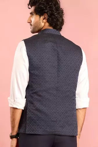 navy blue nehru jacket | jacquard floral pattern in imported suiting fabric