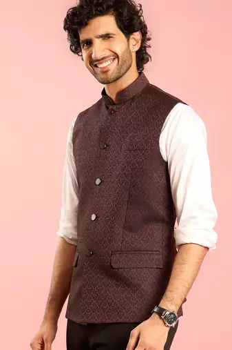 chocolate brown nehru jacket | jacquard floral design in imported suiting fabric