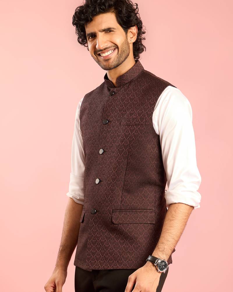 chocolate brown nehru jacket | jacquard floral design in imported suiting fabric