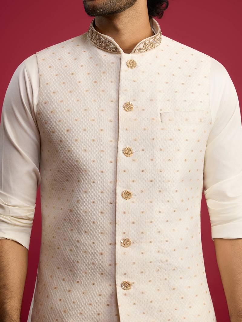 white zardozi embroidered nehru jacket with cream kurta pyjama set | wedding ethnic wear