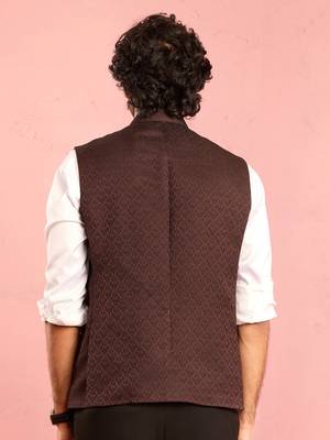 chocolate brown nehru jacket | jacquard floral design in imported suiting fabric 5