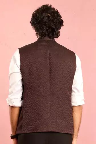 chocolate brown nehru jacket | jacquard floral design in imported suiting fabric