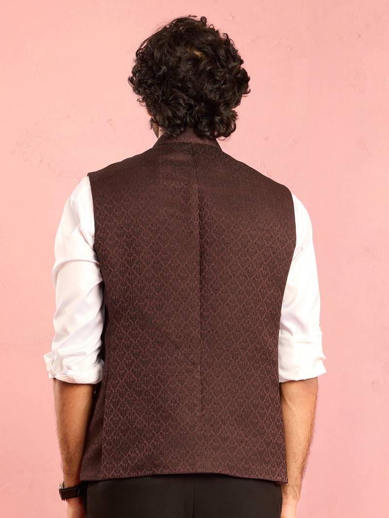 chocolate brown nehru jacket | jacquard floral design in imported suiting fabric