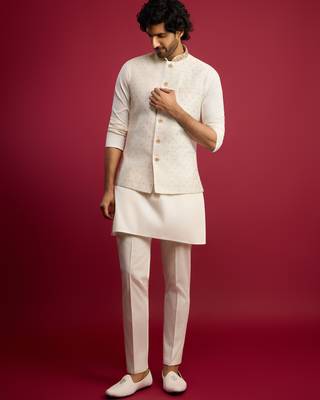 white zardozi embroidered nehru jacket with cream kurta pyjama set | wedding ethnic wear 3