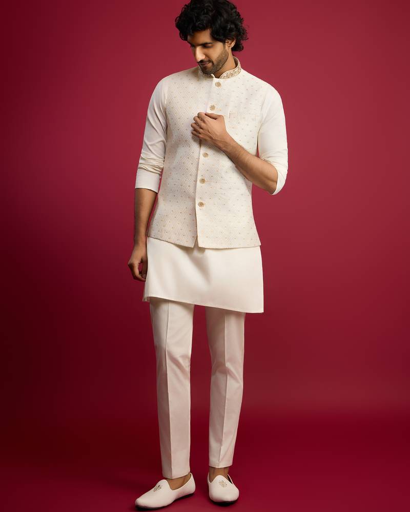 white zardozi embroidered nehru jacket with cream kurta pyjama set | wedding ethnic wear