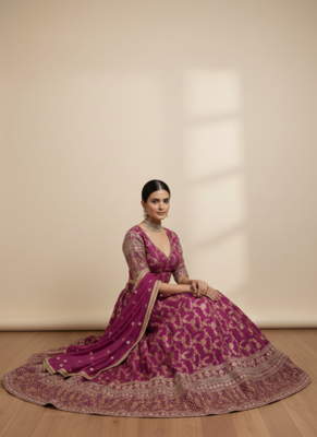 wine jacquard lehenga choli gold thread sequin work 2