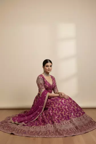 wine jacquard lehenga choli gold thread sequin work