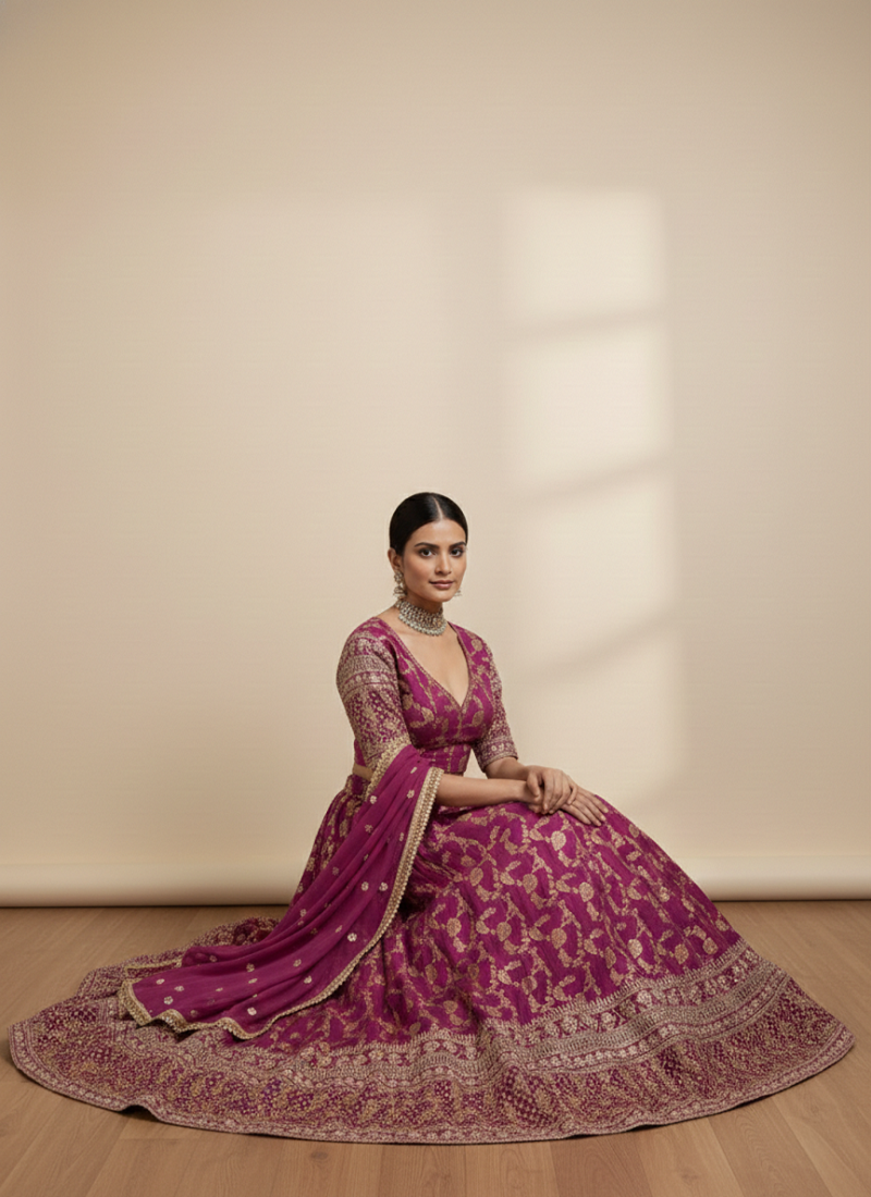 wine jacquard lehenga choli gold thread sequin work