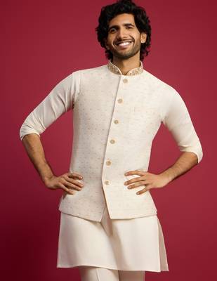 white silk blend nehru jacket | zardozi embroidery with golden buti jacquard 1