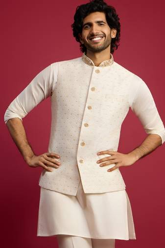 white silk blend nehru jacket | zardozi embroidery with golden buti jacquard