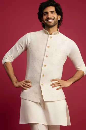 white silk blend nehru jacket | zardozi embroidery with golden buti jacquard