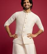 white silk blend nehru jacket | zardozi embroidery with golden buti jacquard