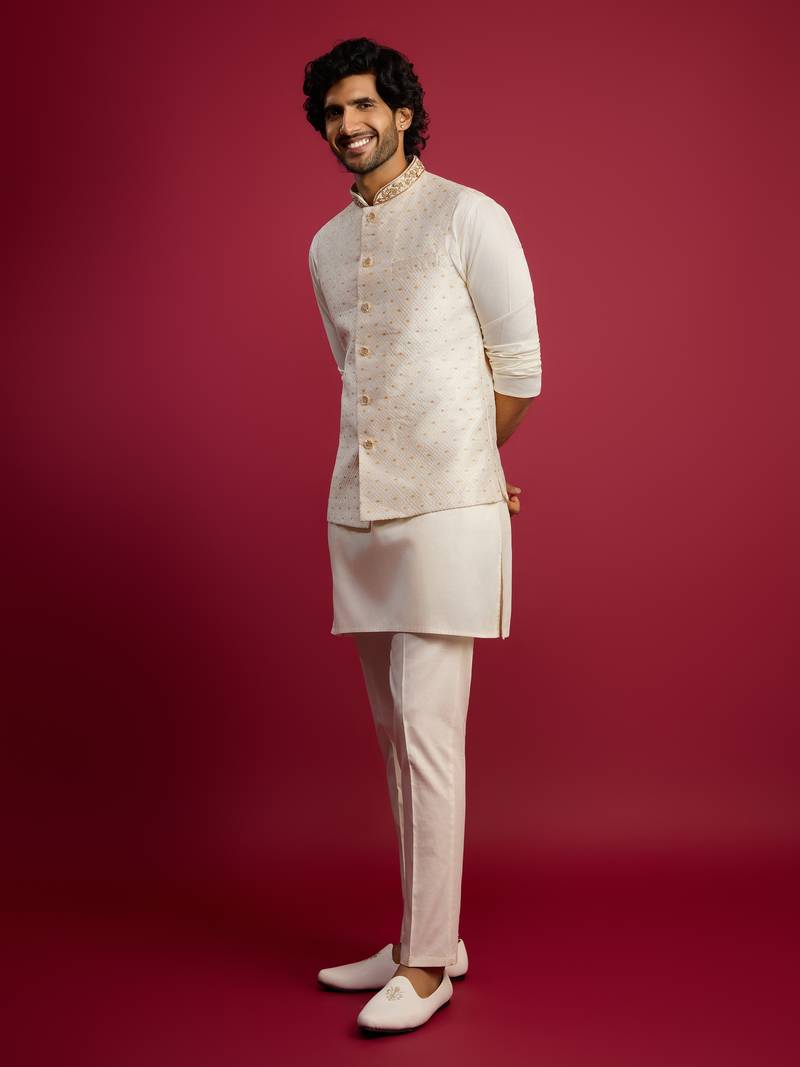 white zardozi embroidered nehru jacket with cream kurta pyjama set | wedding ethnic wear