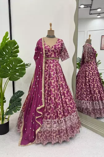 wine jacquard lehenga choli gold thread sequin work