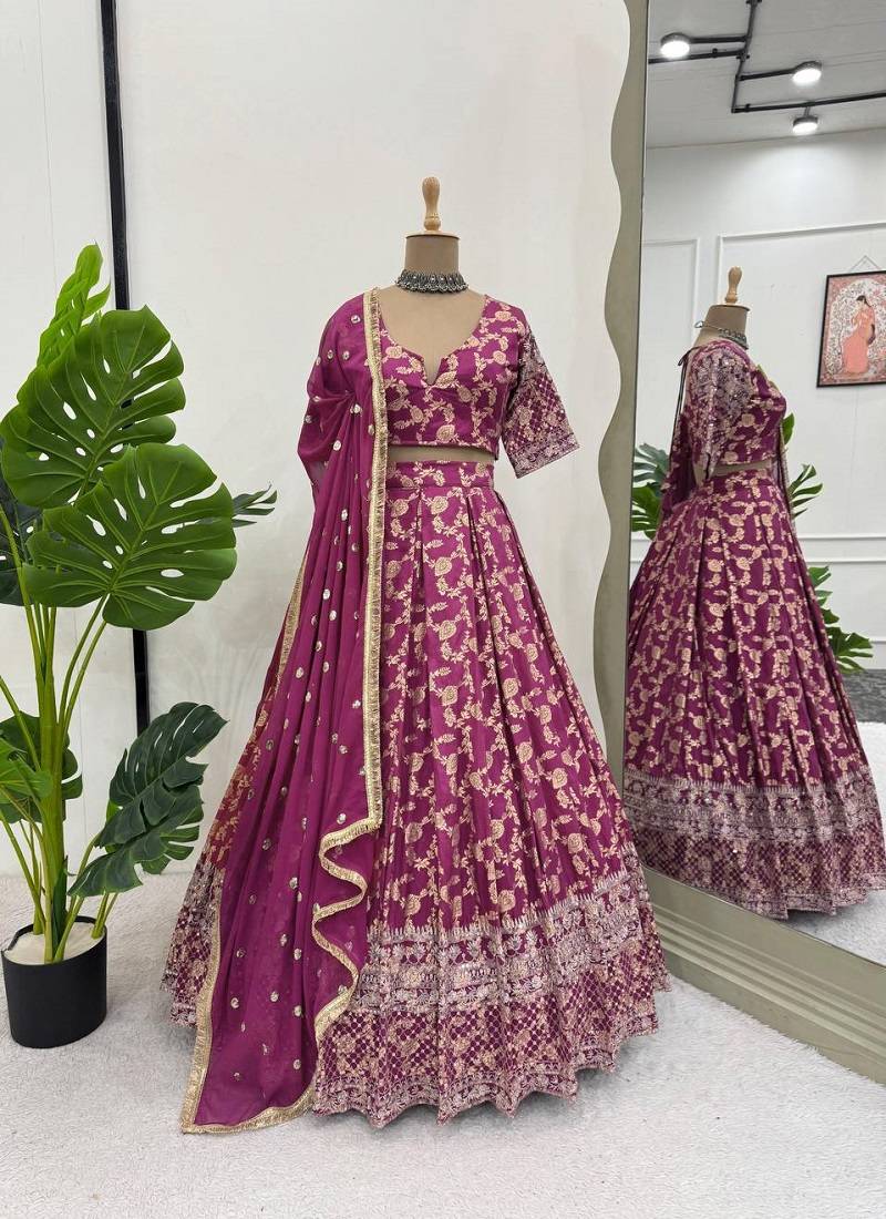 wine jacquard lehenga choli gold thread sequin work