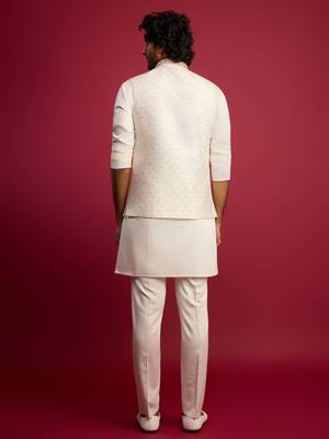 white zardozi embroidered nehru jacket with cream kurta pyjama set | wedding ethnic wear 5