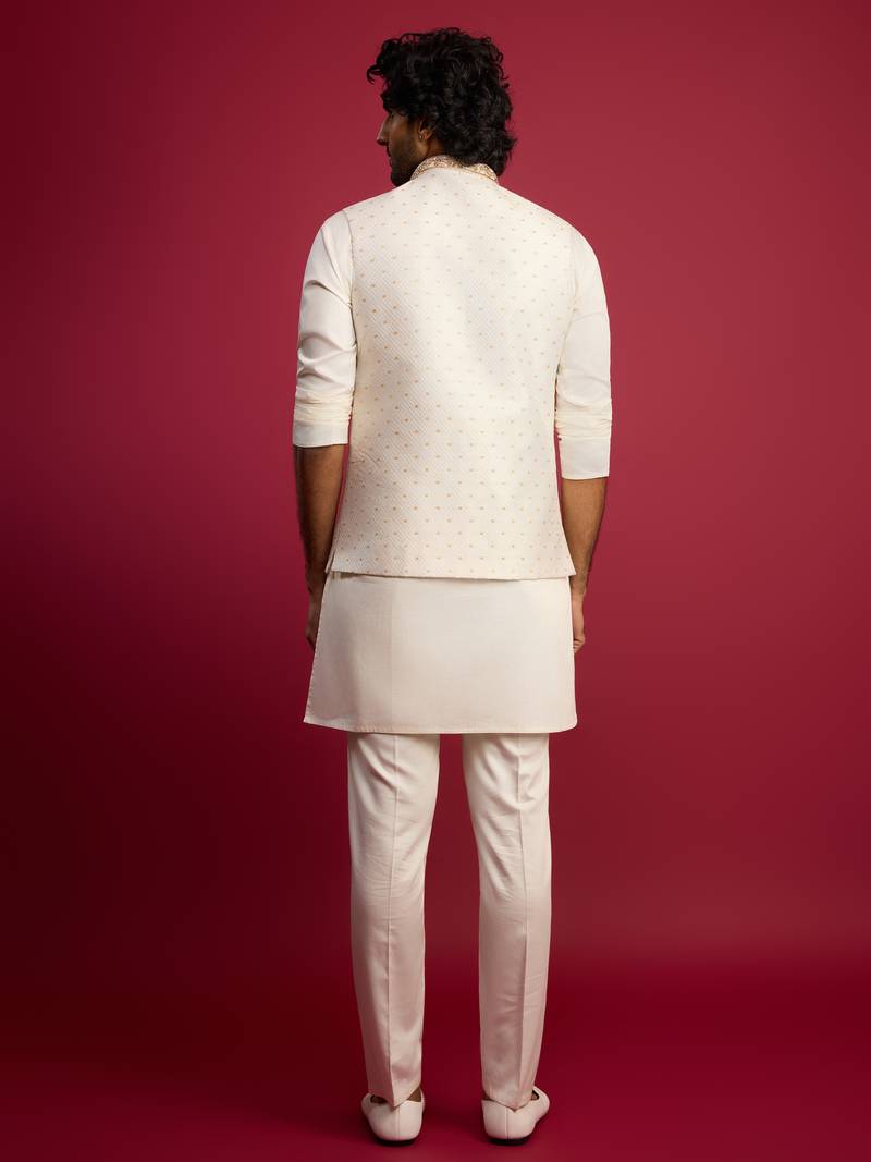 white zardozi embroidered nehru jacket with cream kurta pyjama set | wedding ethnic wear