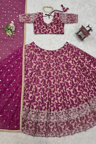 wine jacquard lehenga choli gold thread sequin work