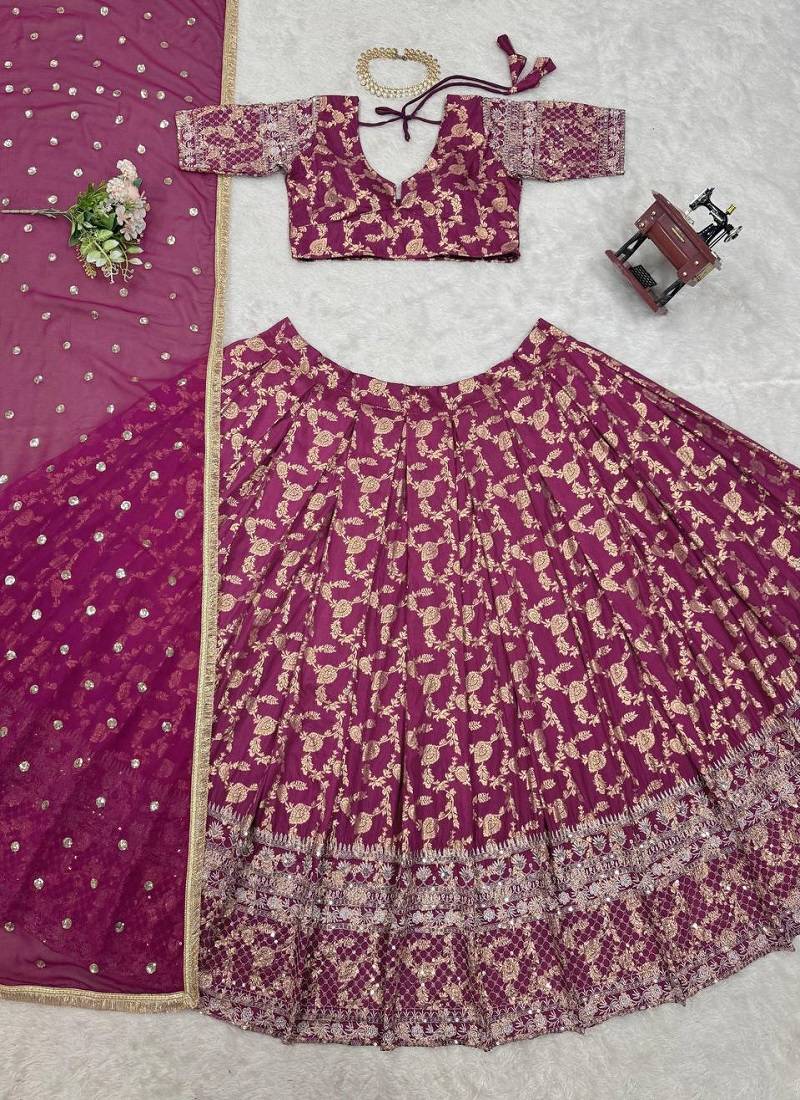 wine jacquard lehenga choli gold thread sequin work