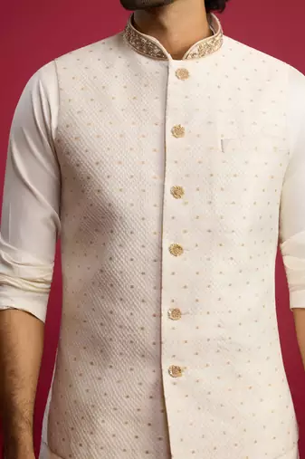 white silk blend nehru jacket | zardozi embroidery with golden buti jacquard