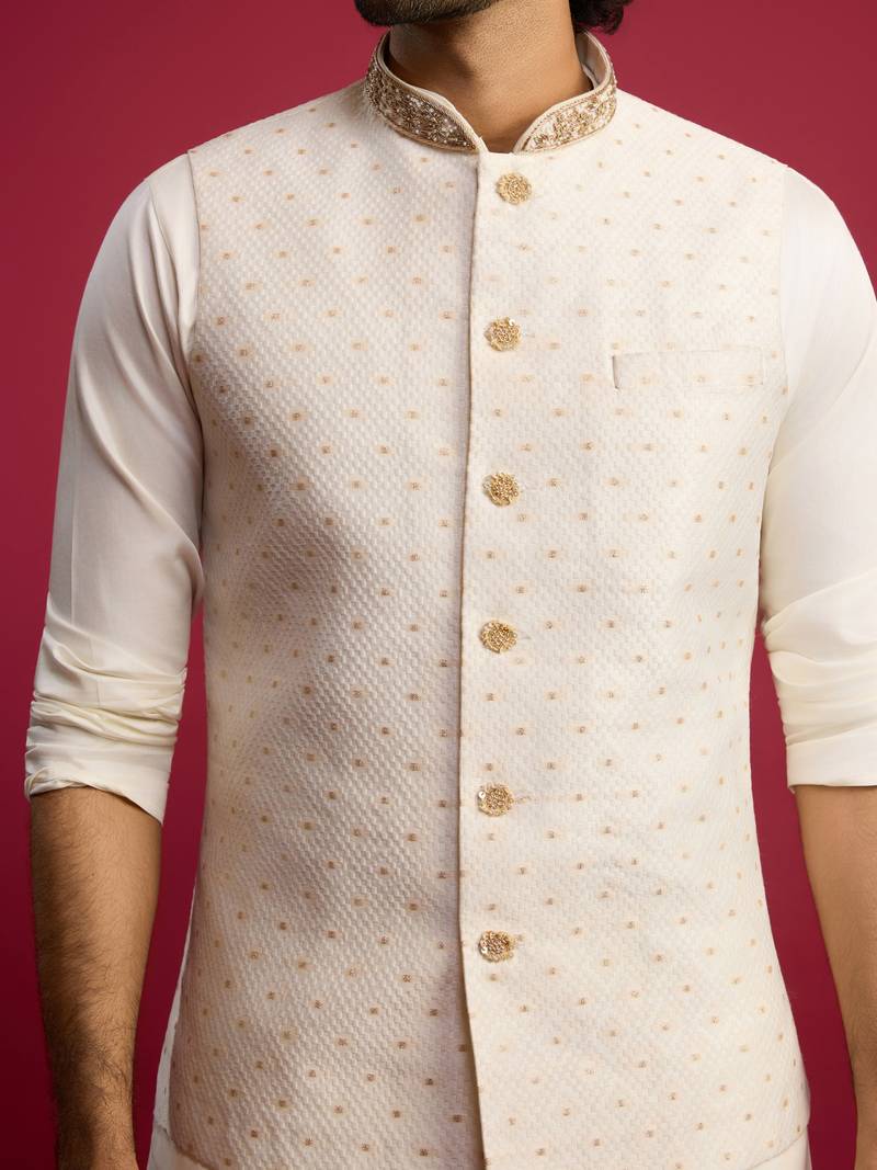white silk blend nehru jacket | zardozi embroidery with golden buti jacquard