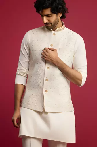 white silk blend nehru jacket | zardozi embroidery with golden buti jacquard