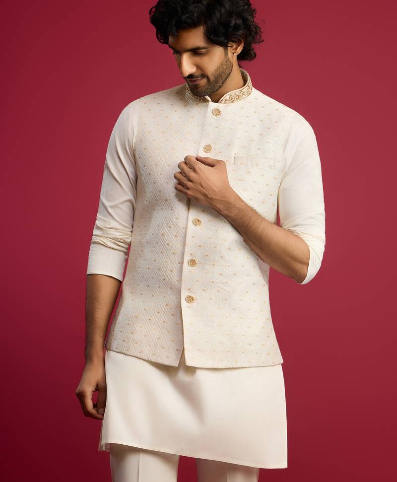 white silk blend nehru jacket | zardozi embroidery with golden buti jacquard