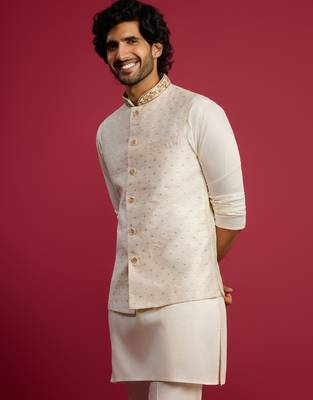 white silk blend nehru jacket | zardozi embroidery with golden buti jacquard 4