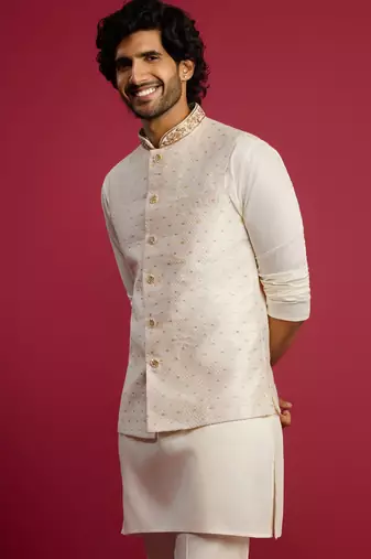 white silk blend nehru jacket | zardozi embroidery with golden buti jacquard