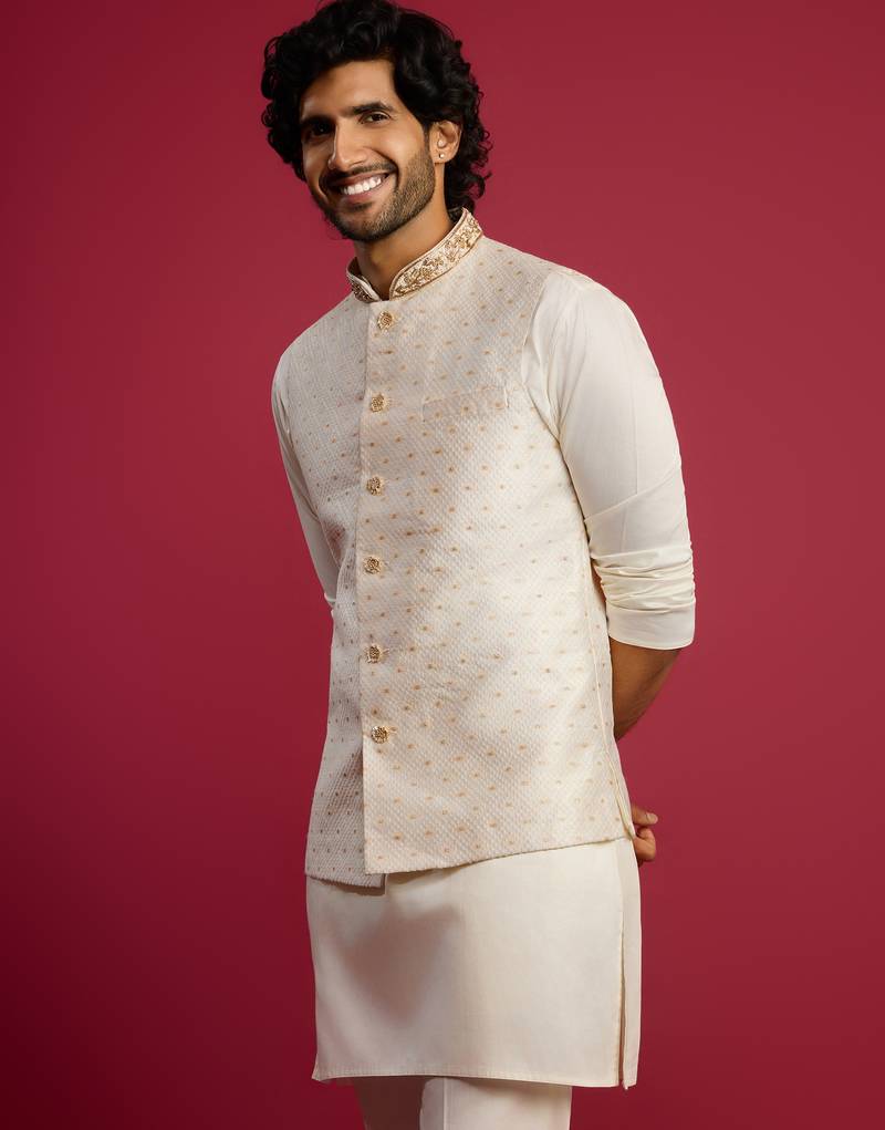 white silk blend nehru jacket | zardozi embroidery with golden buti jacquard